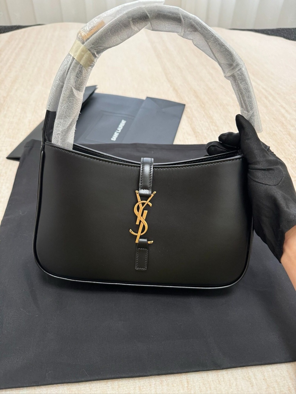 Saint Laurent Black Leather Shoulder Bag with Gold YSL Accent